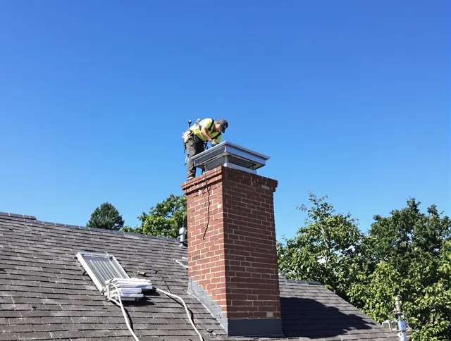 Westerly Chimney Sweep technician measuring a chimney cap in Westerly, RI