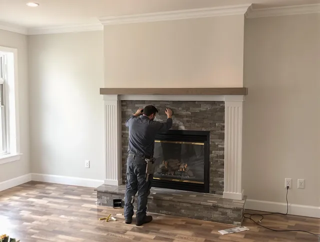 Westerly Chimney Sweep finishing a custom fireplace install in Westerly, RI